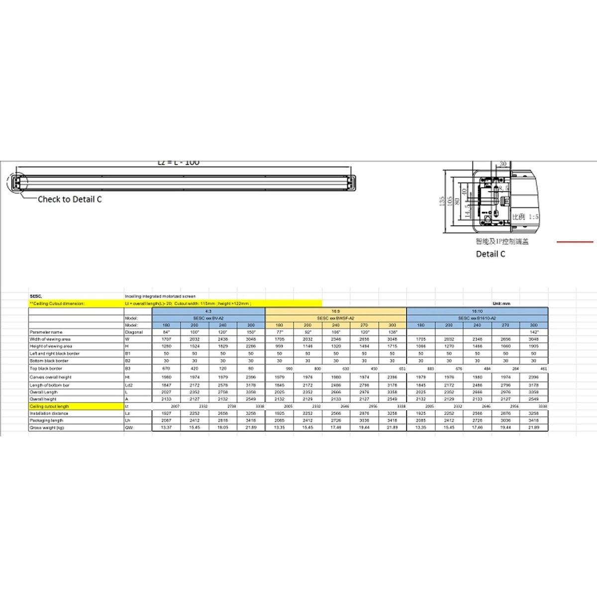 Sapphire AV SESC300BWSF-A2, Motorized, 3.51 m (138"), 3.05 m, 171.5 cm, 16:9, Matte White